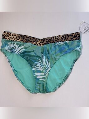 Decree Women’s Green Tropical & Leopard Bikini Bottoms Size 0X Plus Mid-Rise NWT